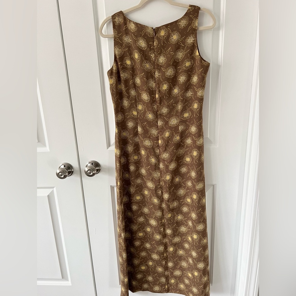 Vintage Brown Floral Sleeveless Retro Sunflower Print A-Line Summer Midi Dress - Picture 2 of 5